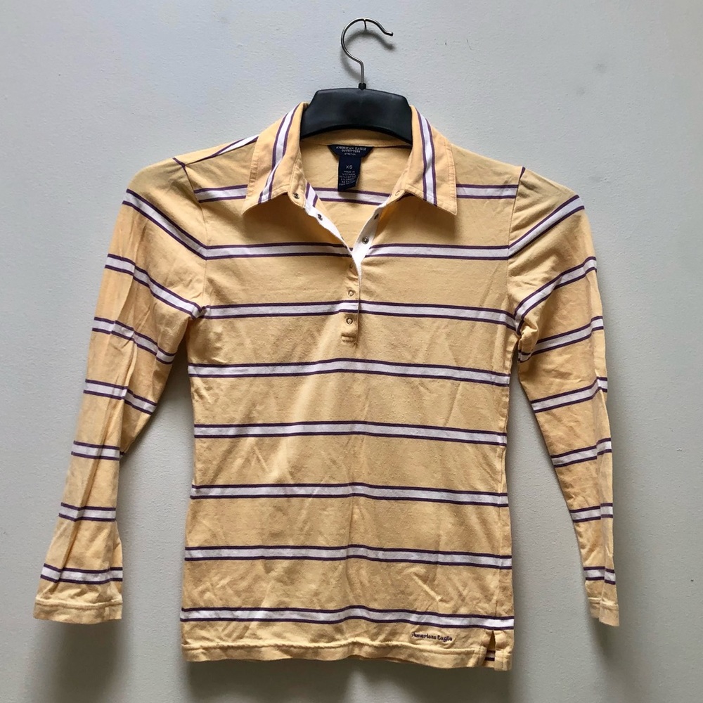 American Eagle Yellow/beige Stripped half button down
